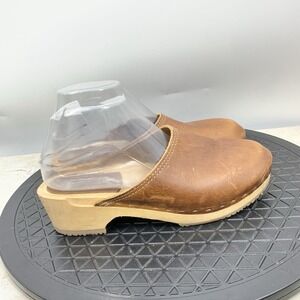Kurier Holly Clogs Women 39 Size 8.5 Shoes Low Wooden Heel Brown Leather Slip On